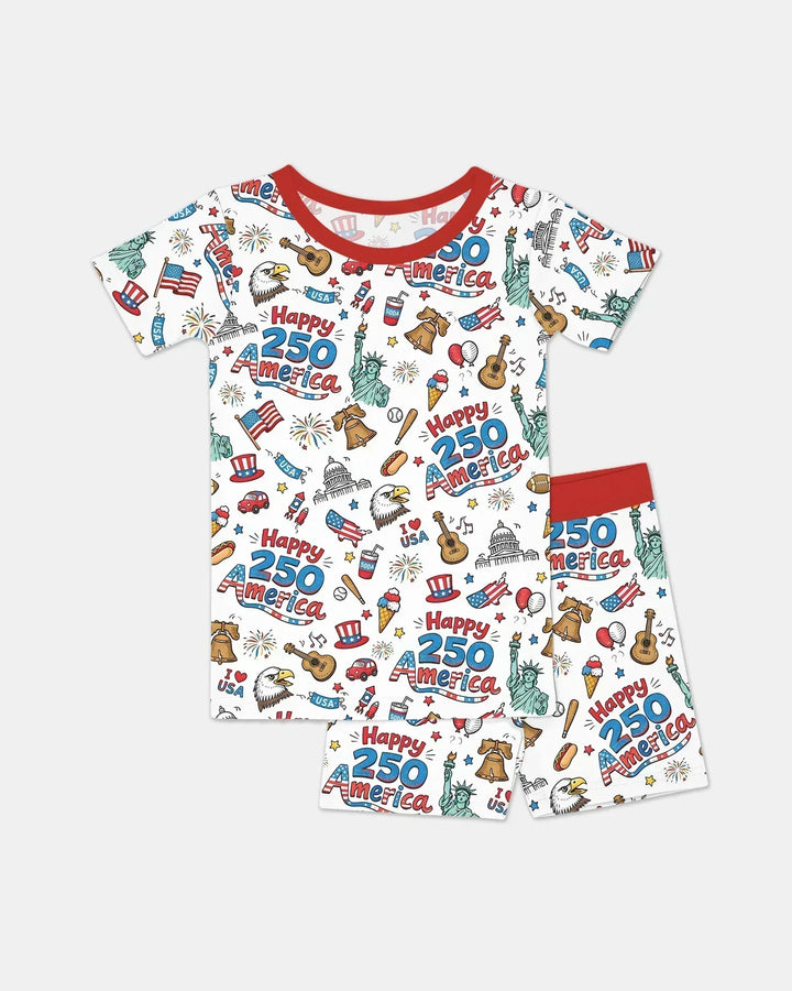 Happy 250 America I love USA Bamboo Two Piece Short Sleeve Shorts Pajama Set