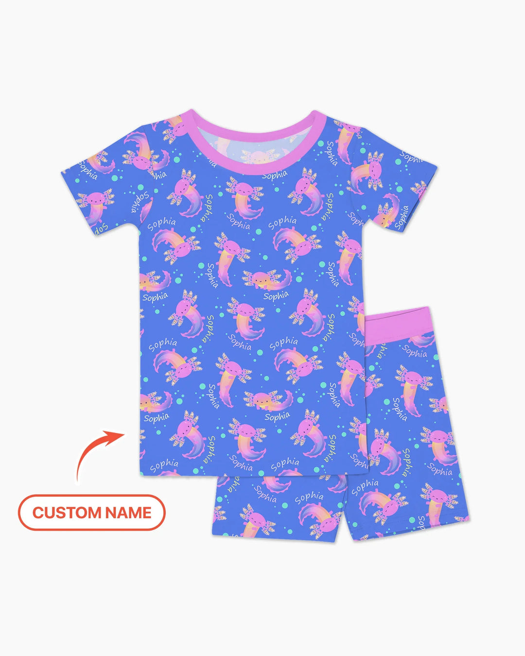 Conjunto de pijama de dos piezas de bambú con nombre personalizado de Axolote que brilla en la oscuridad, de manga corta y pantalón corto