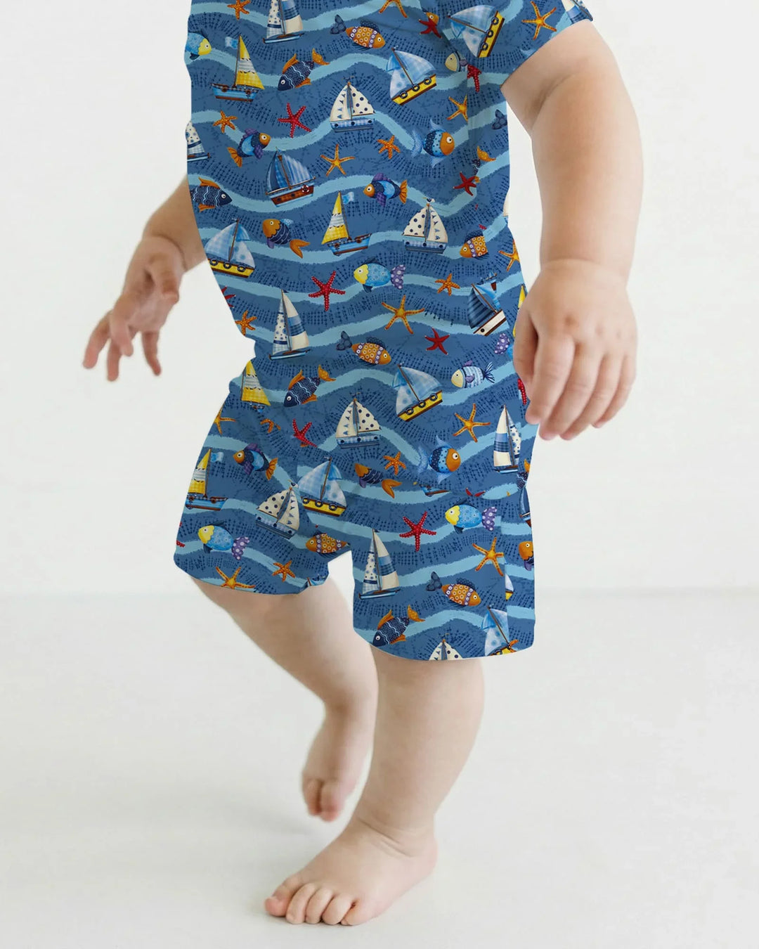 Conjunto de pijama de dos piezas de bambú, manga corta y pantalón corto, a juego para la familia Blue Sail La Vie