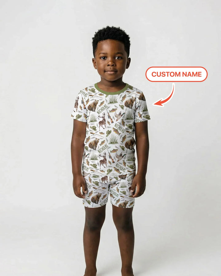 Custom Name Little Hunter Bamboo Two Piece Short Sleeve Shorts Pajama Set