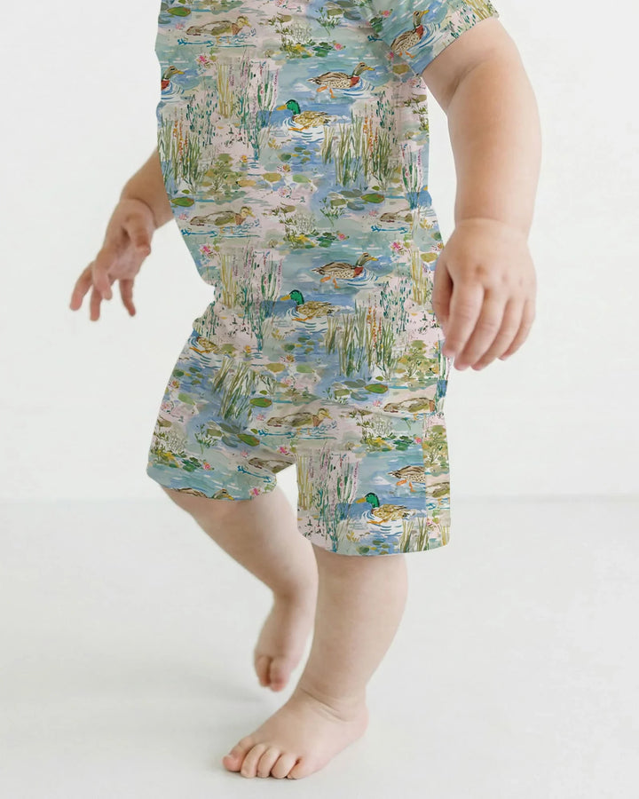 Watercolor Mallard Duck Bamboo Two Piece Short Sleeve Shorts Pajama Set