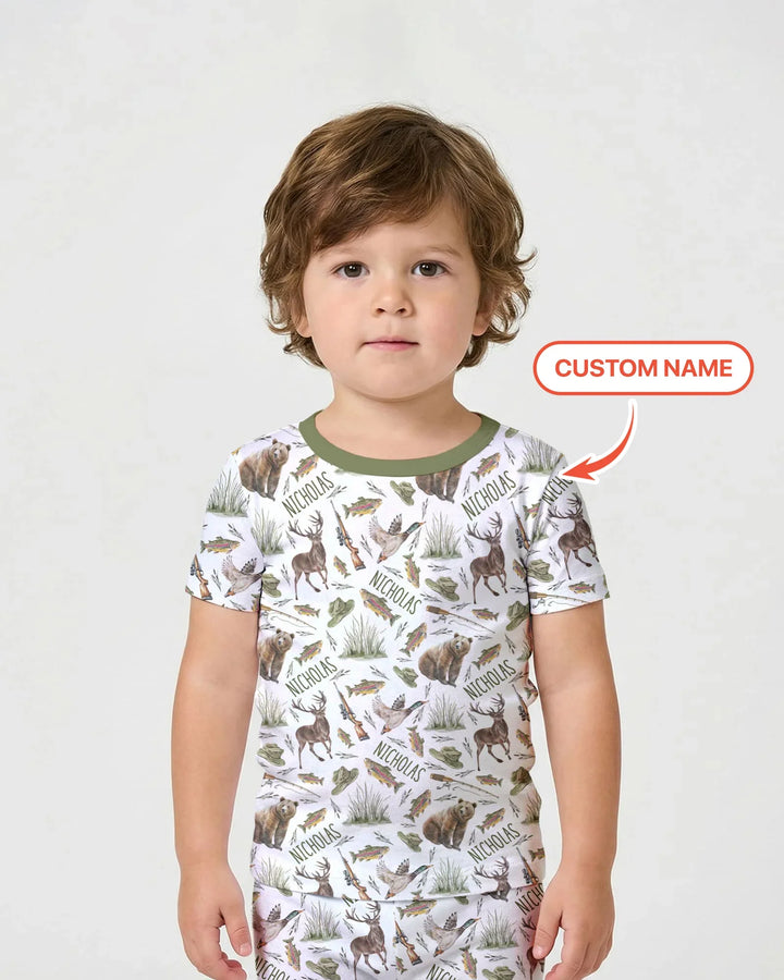 Custom Name Little Hunter Bamboo Two Piece Short Sleeve Shorts Pajama Set