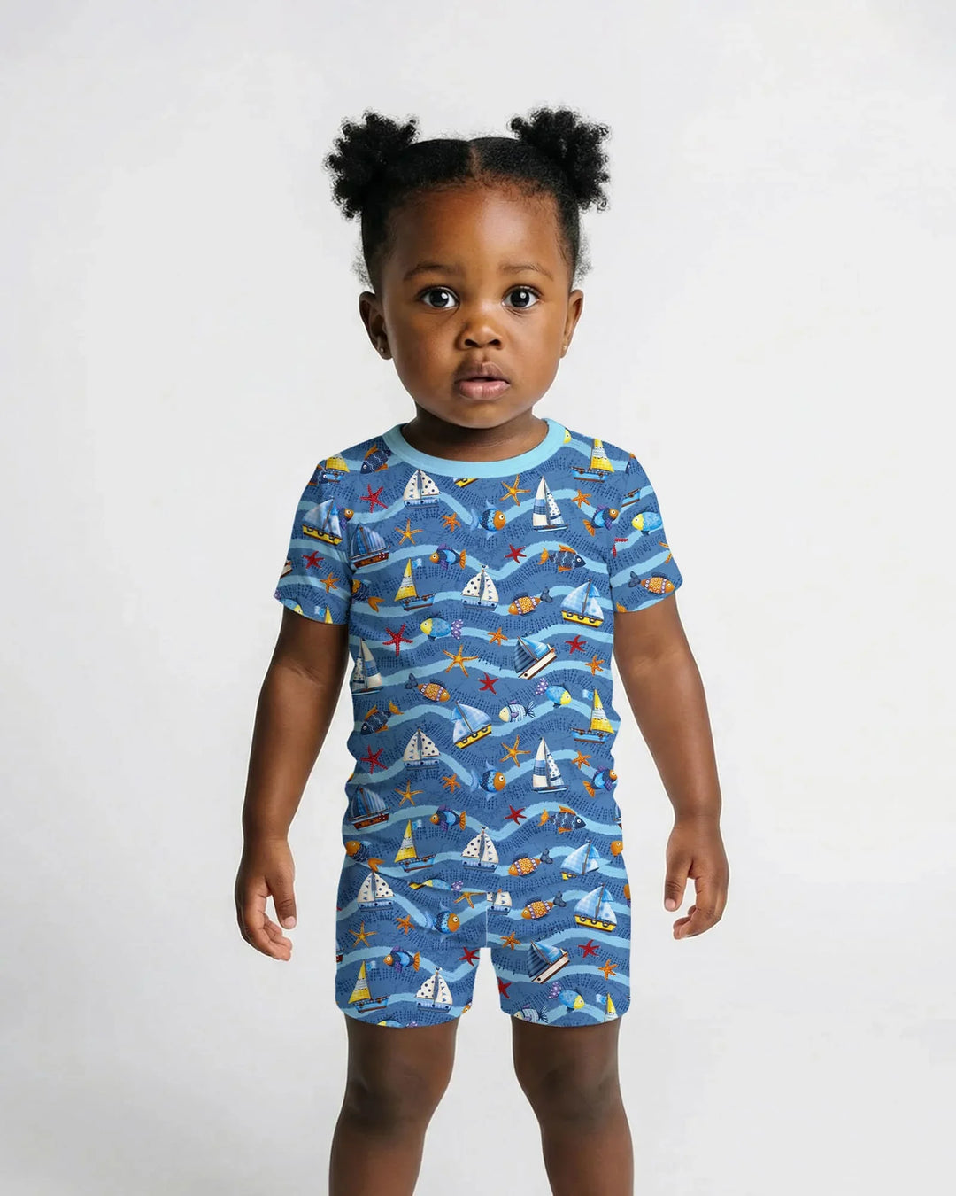 Conjunto de pijama de dos piezas de bambú, manga corta y pantalón corto, a juego para la familia Blue Sail La Vie