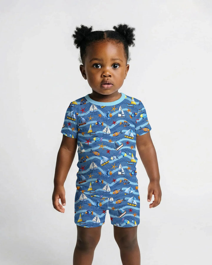 Conjunto de pijama de dos piezas de bambú, manga corta y pantalón corto, a juego para la familia Blue Sail La Vie