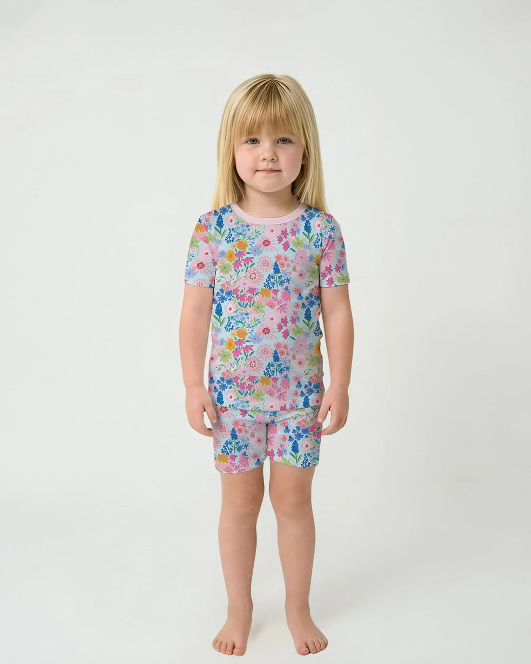 Little Flower Garden Matching Bamboo Two Piece Short Sleeve Shorts Pajama Set