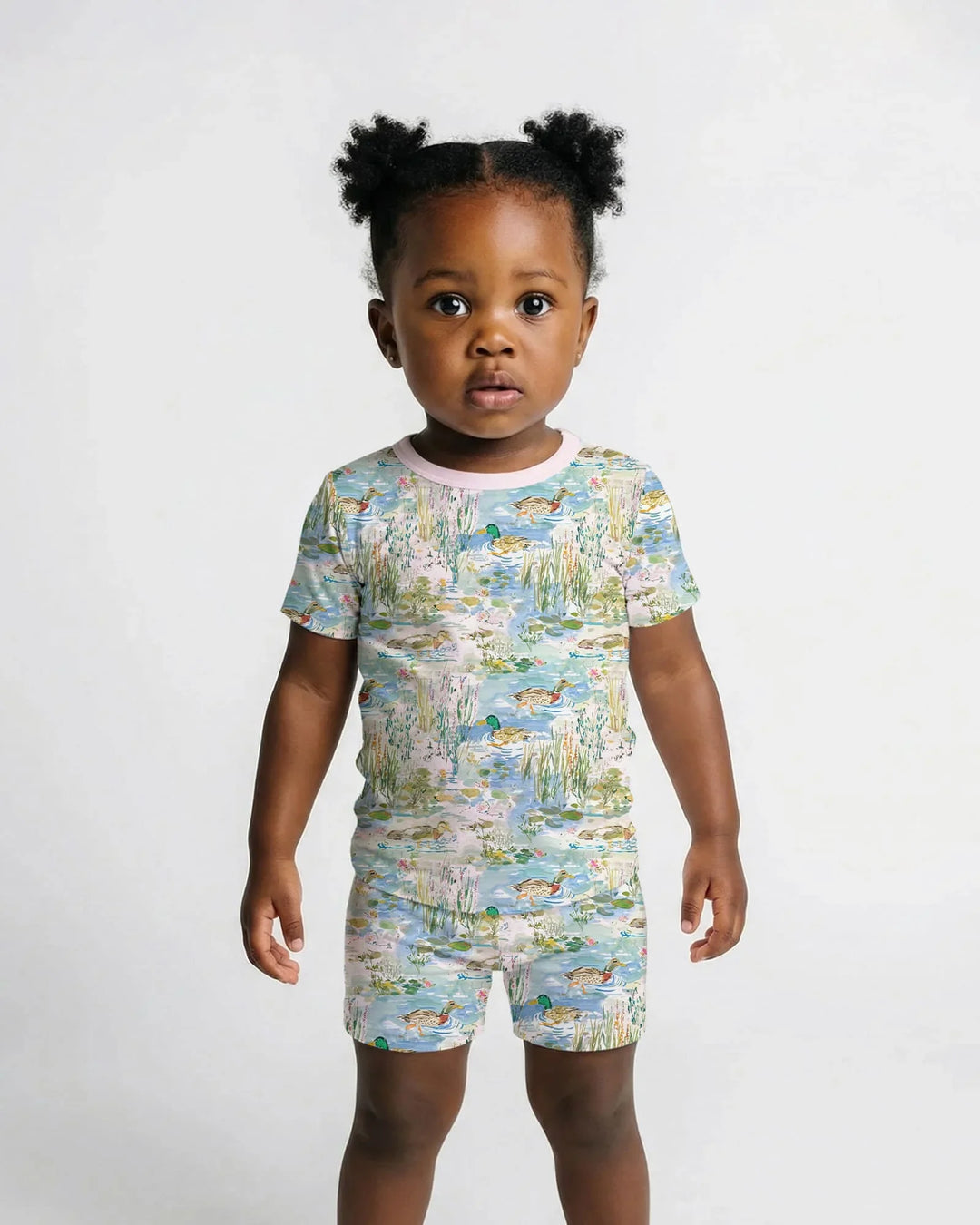 Watercolor Mallard Duck Bamboo Two Piece Short Sleeve Shorts Pajama Set