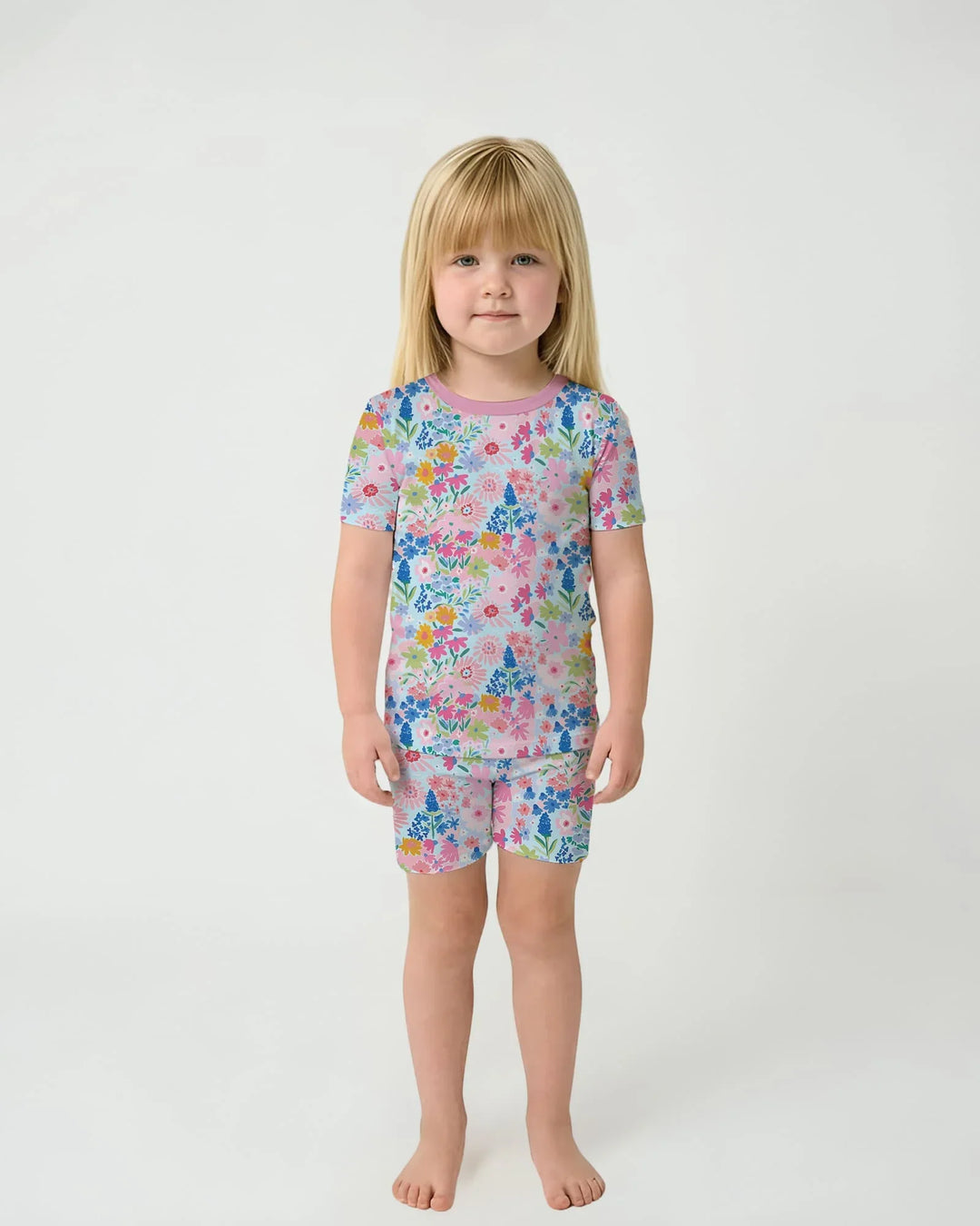Little Flower Garden Matching Bamboo Two Piece Short Sleeve Shorts Pajama Set