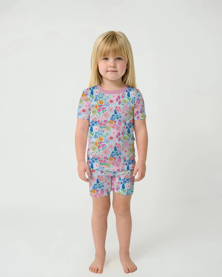 Little Flower Garden Matching Bamboo Two Piece Short Sleeve Shorts Pajama Set