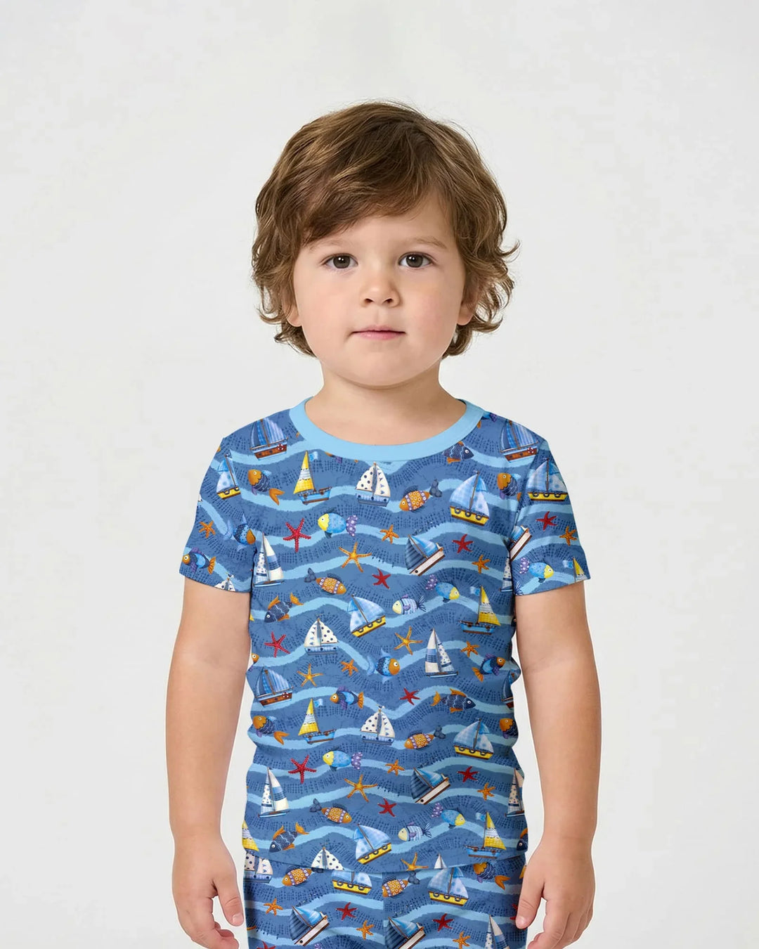 Conjunto de pijama de dos piezas de bambú, manga corta y pantalón corto, a juego para la familia Blue Sail La Vie