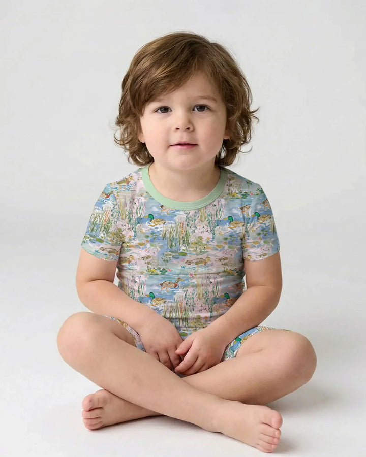 Watercolor Mallard Duck Bamboo Two Piece Short Sleeve Shorts Pajama Set