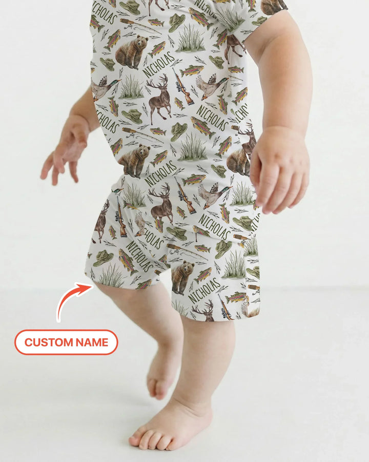 Custom Name Little Hunter Bamboo Two Piece Short Sleeve Shorts Pajama Set