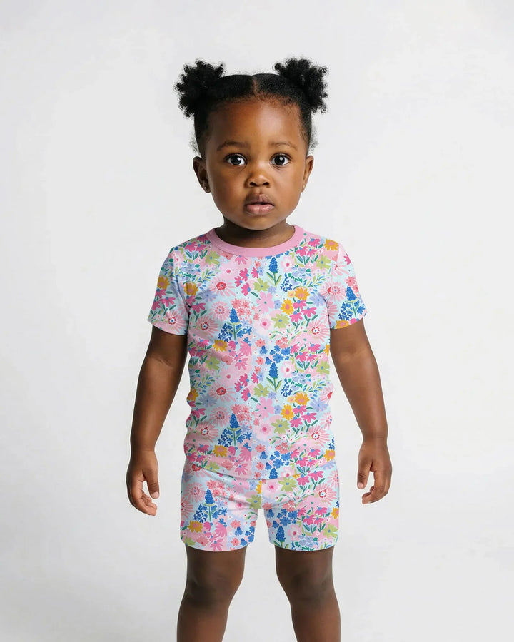 Little Flower Garden Matching Bamboo Two Piece Short Sleeve Shorts Pajama Set