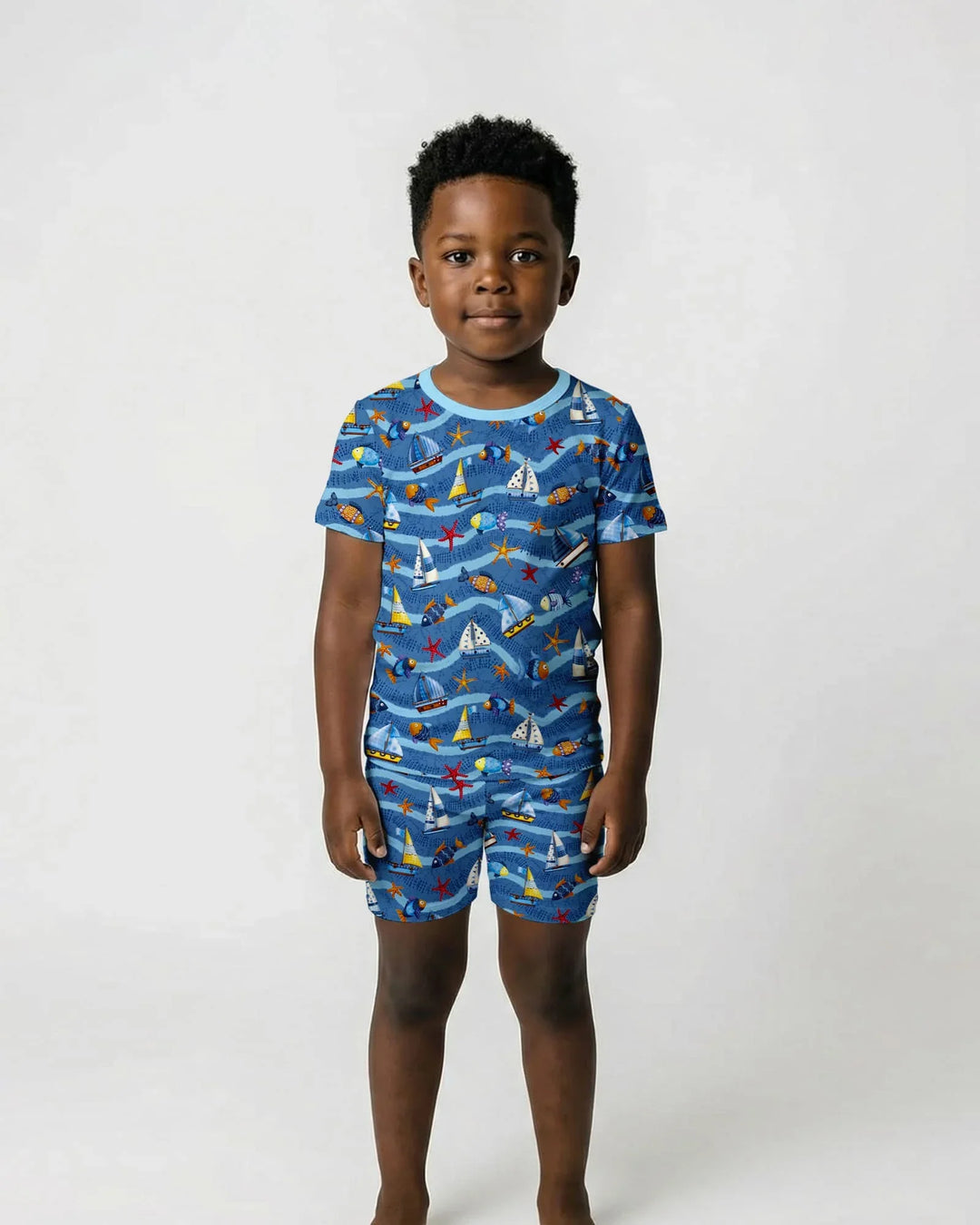 Conjunto de pijama de dos piezas de bambú, manga corta y pantalón corto, a juego para la familia Blue Sail La Vie