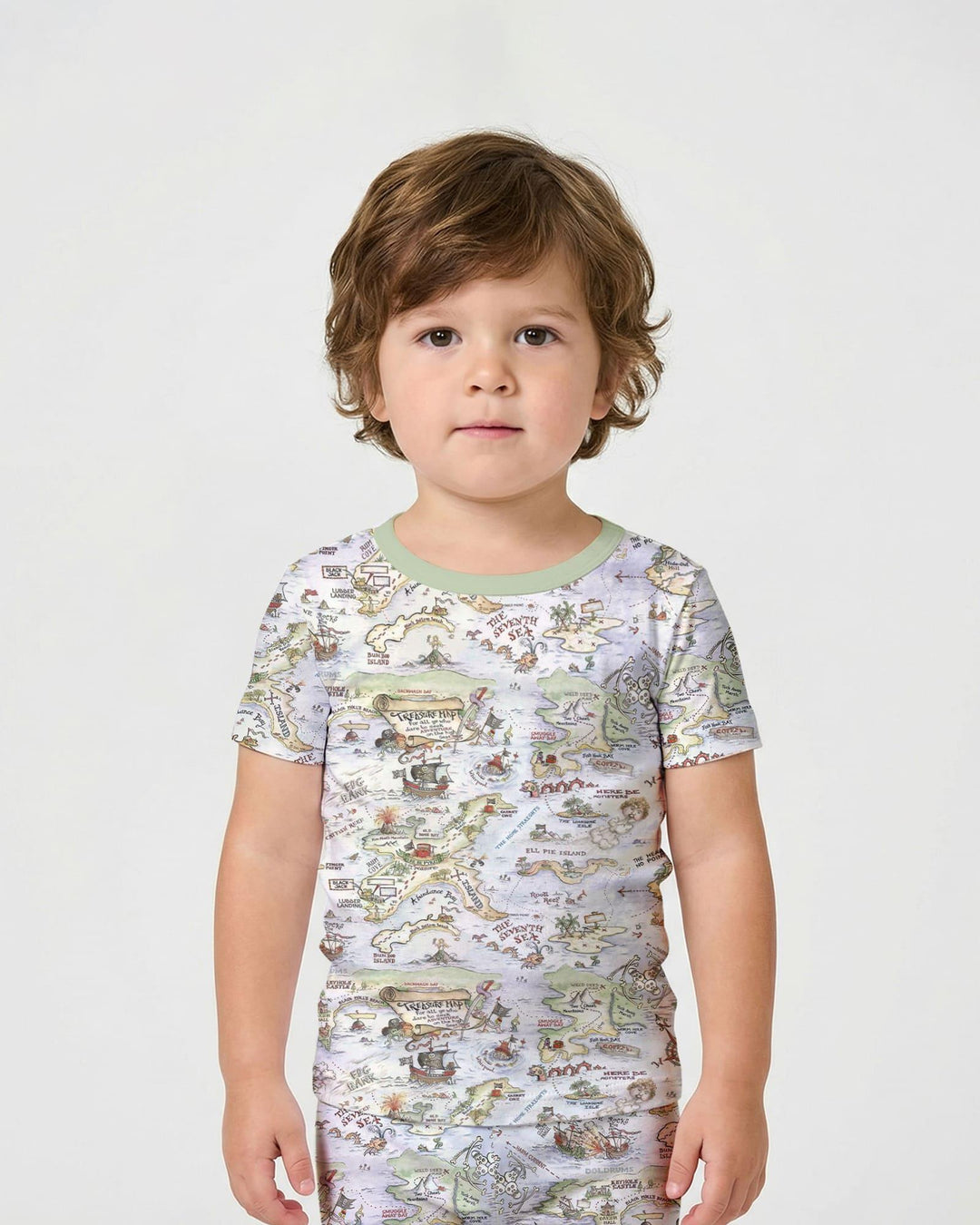 Conjunto de pijama de dos piezas de bambú de manga corta y pantalón corto a juego para papá y bebé de mapa del tesoro pirata