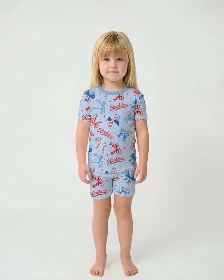 Pijama de dos piezas con pantalón corto y manga corta de bambú, estilo femenino y patriótico