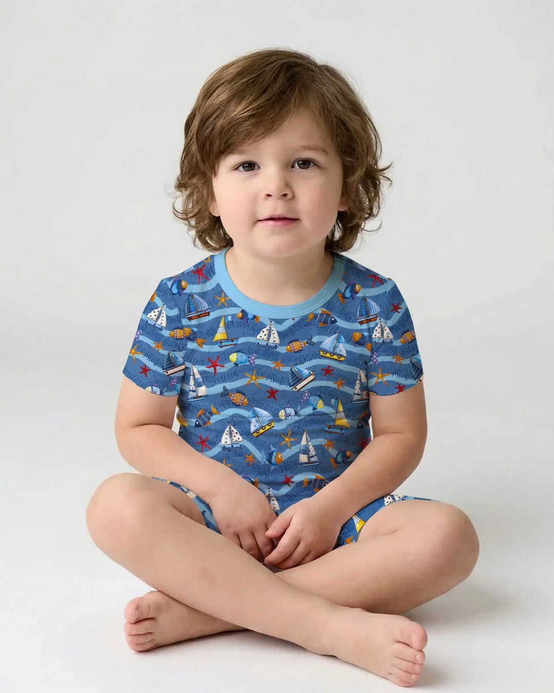 Conjunto de pijama de dos piezas de bambú, manga corta y pantalón corto, a juego para la familia Blue Sail La Vie