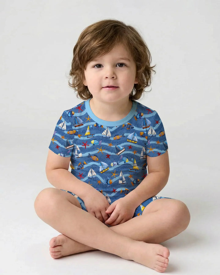 Conjunto de pijama de dos piezas de bambú, manga corta y pantalón corto, a juego para la familia Blue Sail La Vie