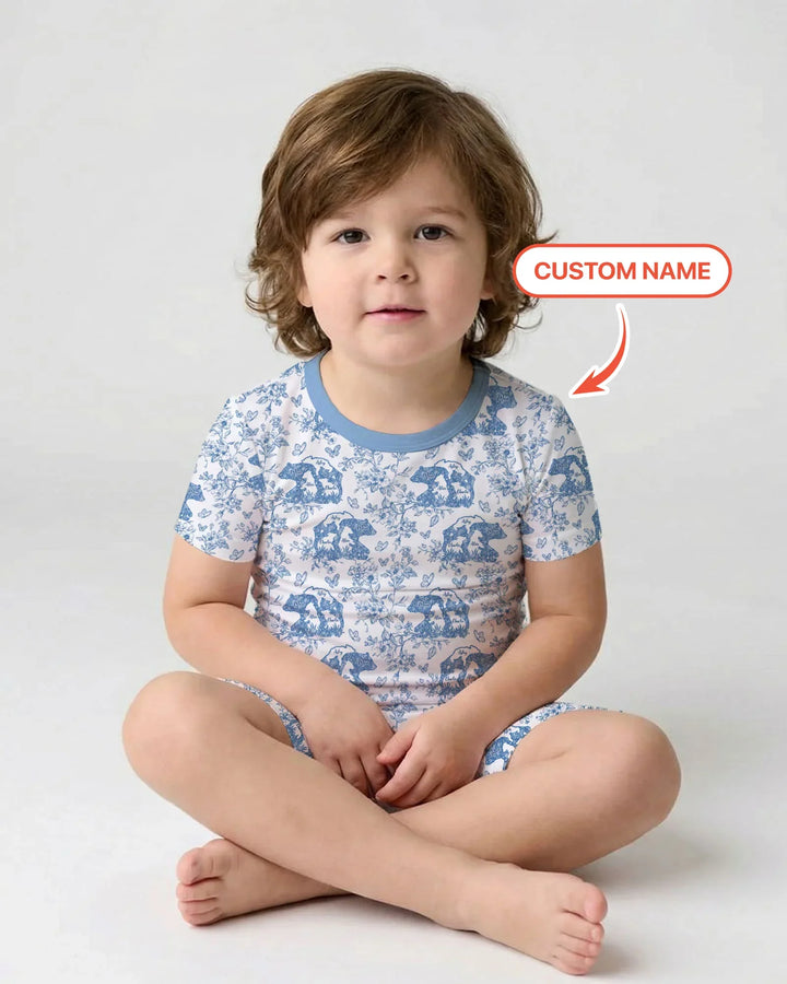 Custom Name Mama Bear Toile Bamboo Two Piece Short Sleeve Shorts Pajama Set