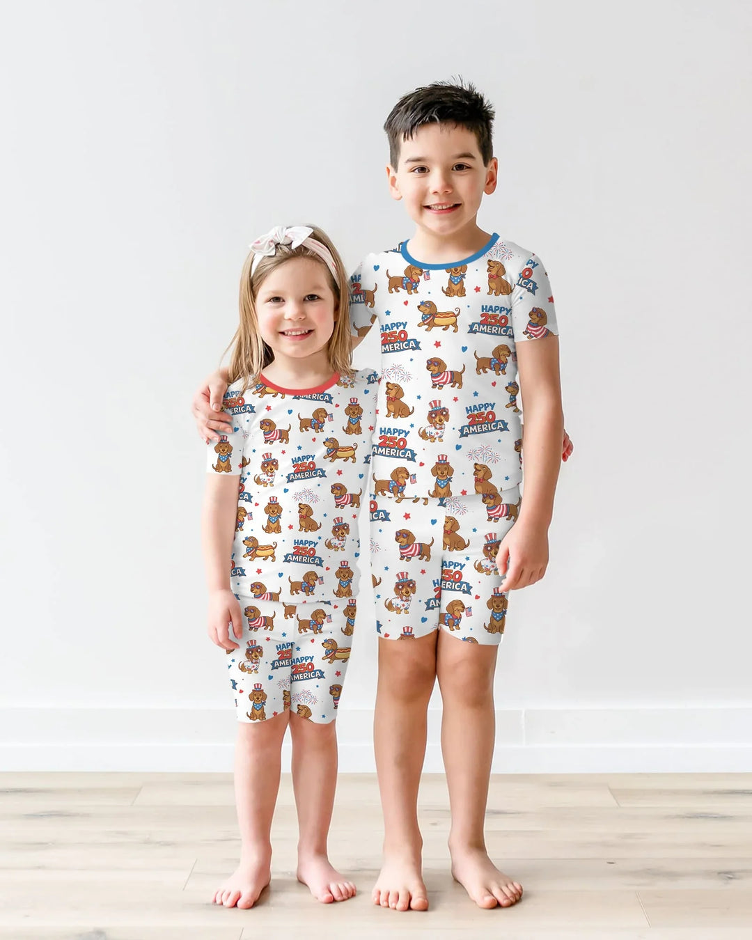 Red, White & Wiener Bamboo Two Piece Short Sleeve Shorts Pajama Set