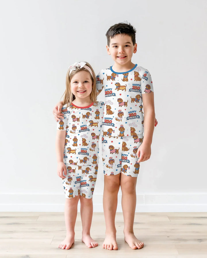 Red, White & Wiener Bamboo Two Piece Short Sleeve Shorts Pajama Set