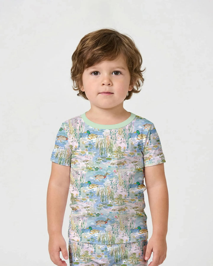 Watercolor Mallard Duck Bamboo Two Piece Short Sleeve Shorts Pajama Set