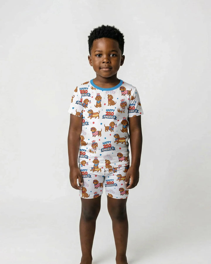 Red, White & Wiener Bamboo Two Piece Short Sleeve Shorts Pajama Set