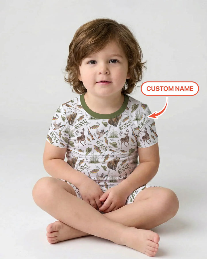 Custom Name Little Hunter Bamboo Two Piece Short Sleeve Shorts Pajama Set