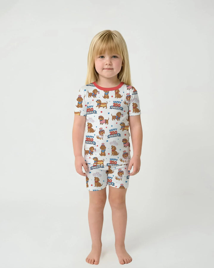 Red, White & Wiener Bamboo Two Piece Short Sleeve Shorts Pajama Set