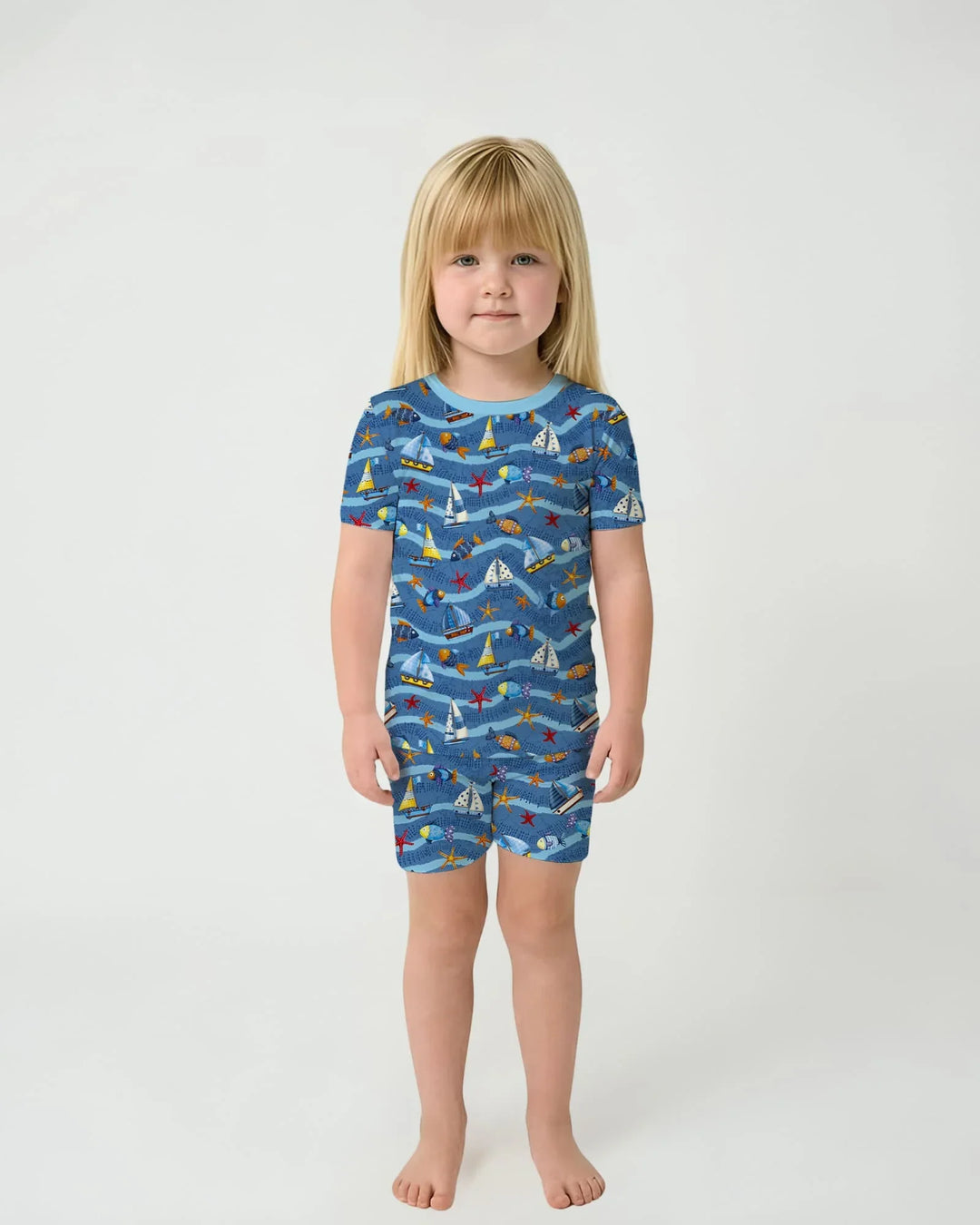 Conjunto de pijama de dos piezas de bambú, manga corta y pantalón corto, a juego para la familia Blue Sail La Vie