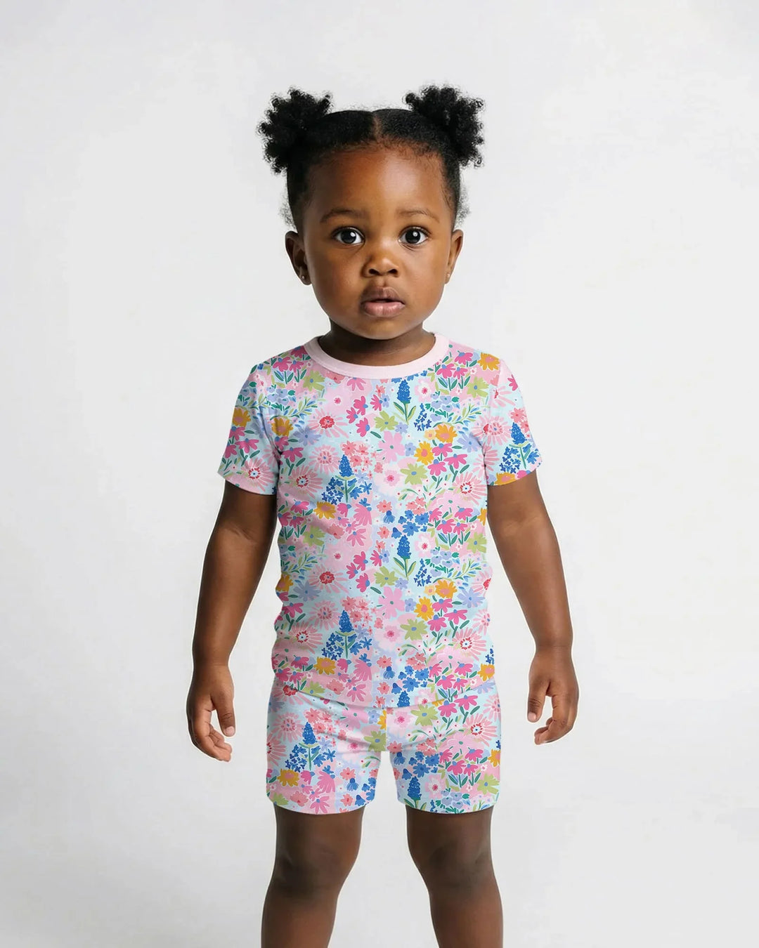 Little Flower Garden Matching Bamboo Two Piece Short Sleeve Shorts Pajama Set