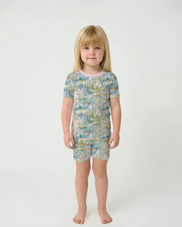 Watercolor Mallard Duck Bamboo Two Piece Short Sleeve Shorts Pajama Set