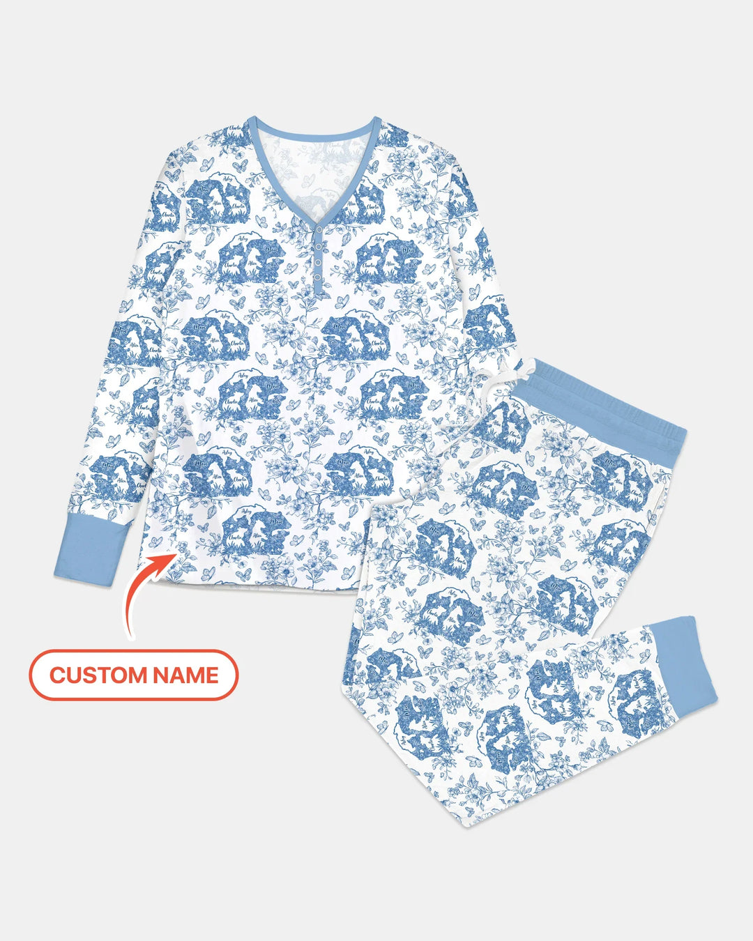 Custom Name Mama Bear Toile Bamboo Women Pajama Set
