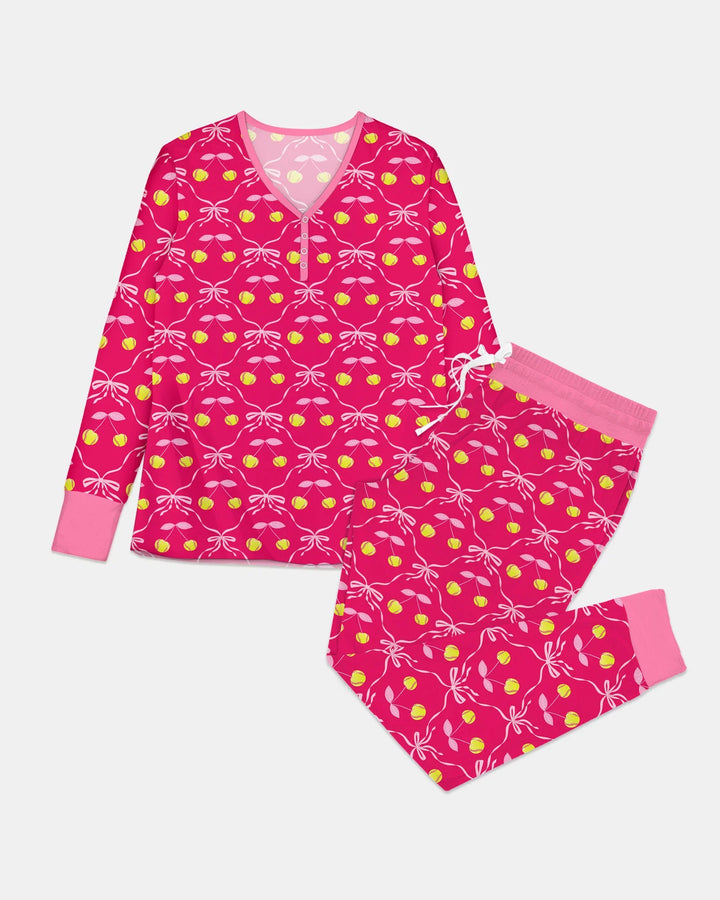 Conjunto de pijama de bambú a juego para mujer, mamá e hija, de béisbol y sóftbol con cerezas