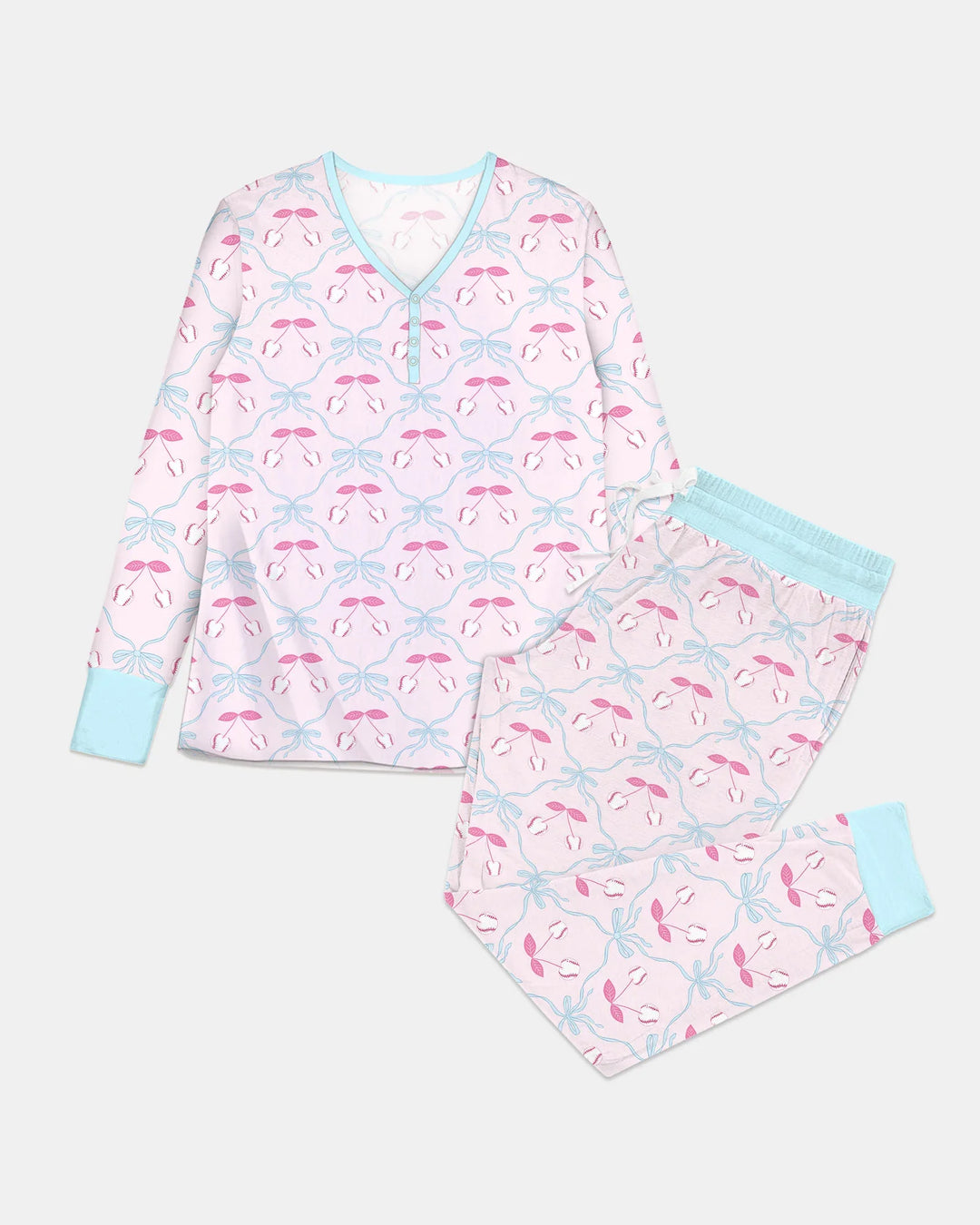Conjunto de pijama de bambú a juego para mujer, mamá e hija, de béisbol y sóftbol con cerezas