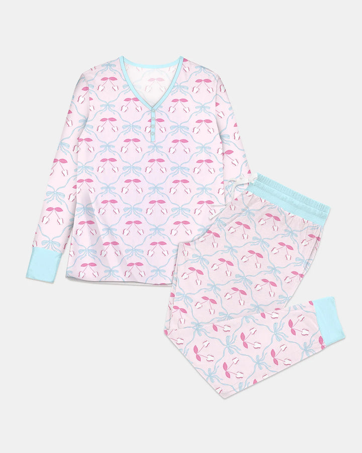 Conjunto de pijama de bambú a juego para mujer, mamá e hija, de béisbol y sóftbol con cerezas