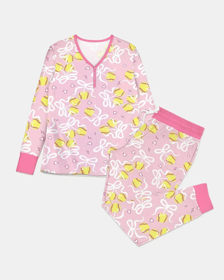 Softball Cherry Mom And Girl Matching Bamboo Women Pajama Set