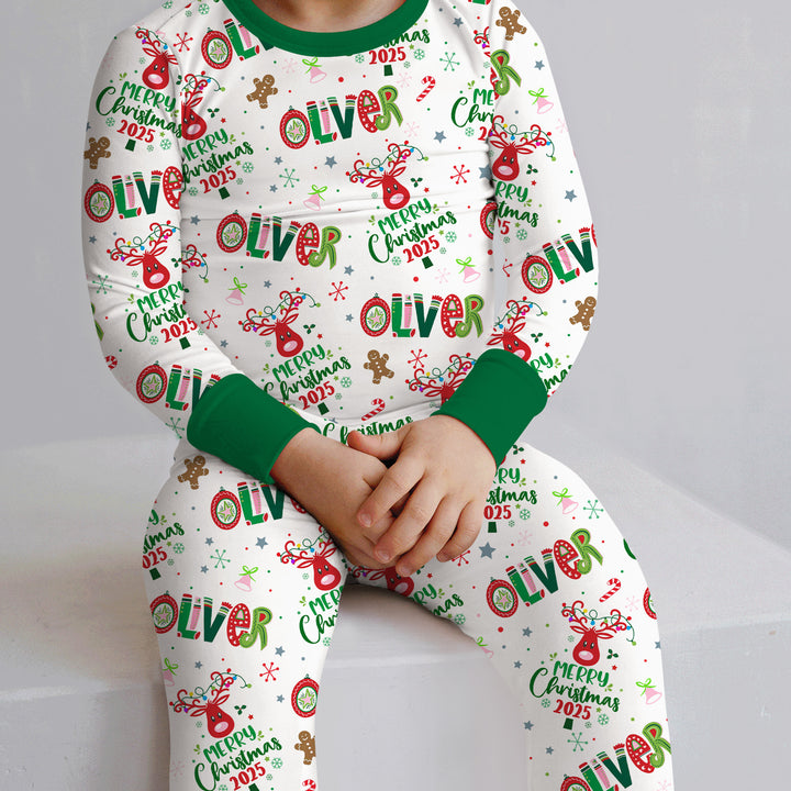 Custome Name "Whimsical Little Green" Two Piece Long Sleeve Pajama Set