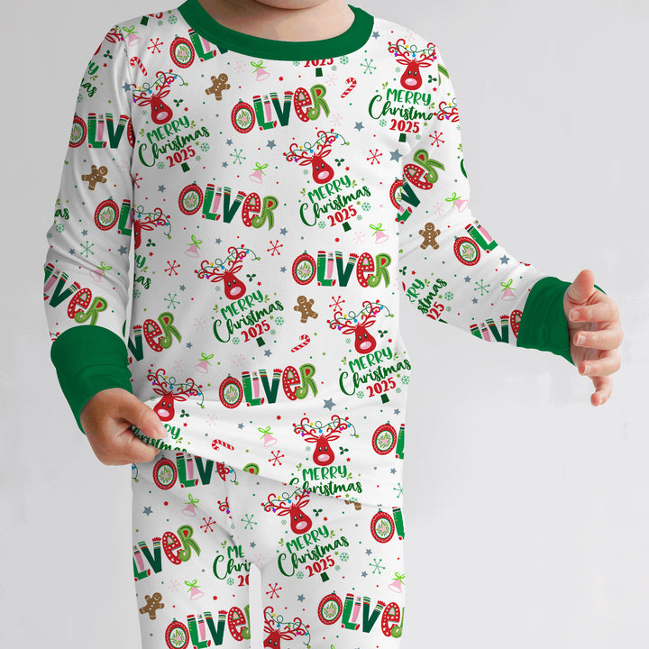 Custome Name "Whimsical Little Green" Two Piece Long Sleeve Pajama Set