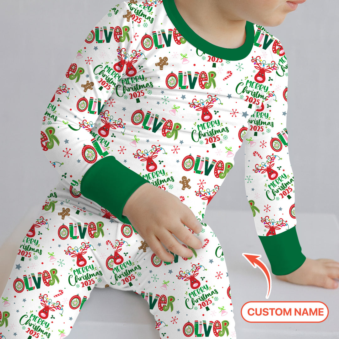 Custome Name "Whimsical Little Green" Two Piece Long Sleeve Pajama Set