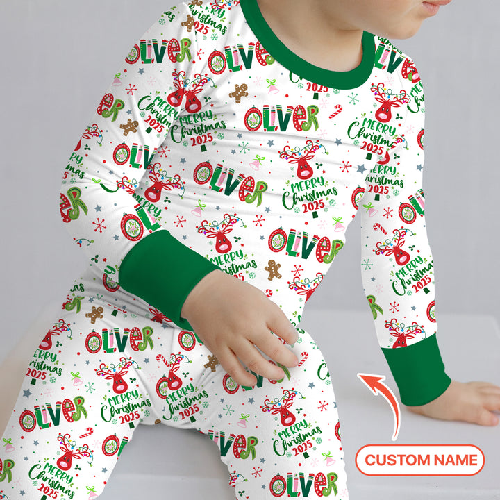 Custome Name "Whimsical Little Green" Two Piece Long Sleeve Pajama Set