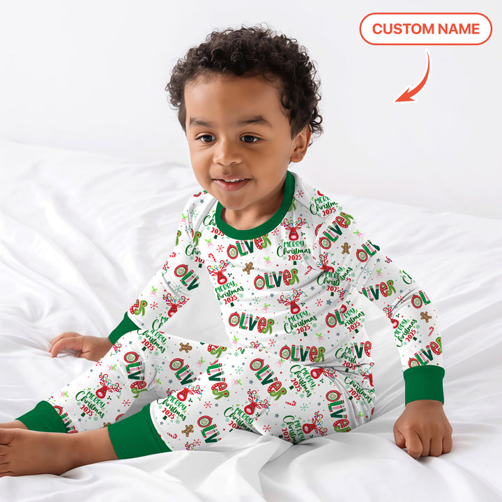 Custome Name "Whimsical Little Green" Two Piece Long Sleeve Pajama Set
