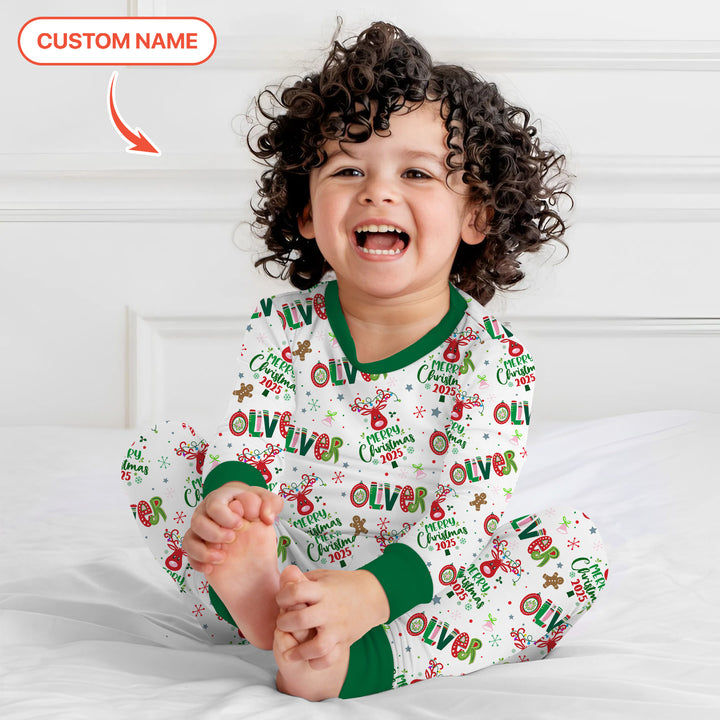 Custome Name "Whimsical Little Green" Two Piece Long Sleeve Pajama Set