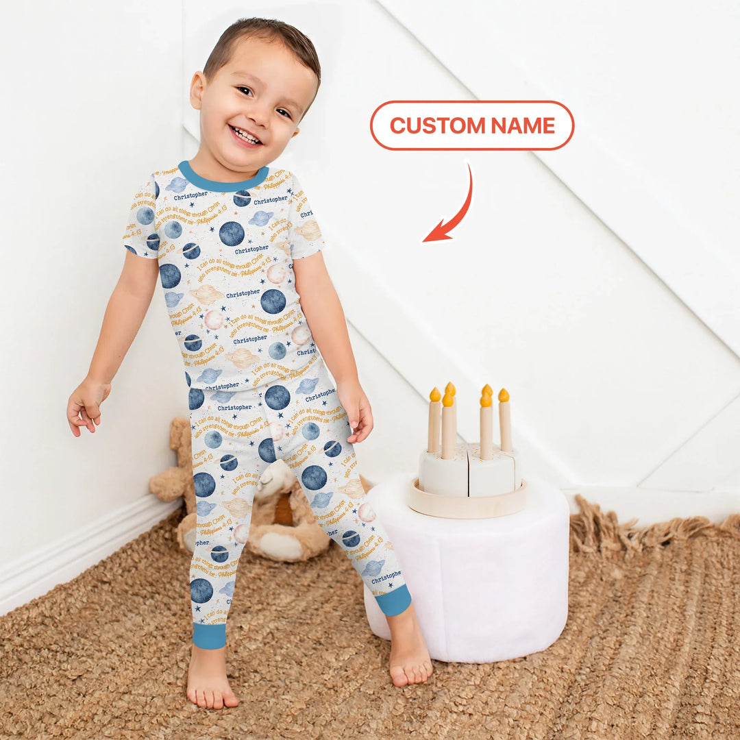 I Can Do All Things Through Christ Custom Name Two Piece Short Sleeve Pajama Set , I Can Do All Things Through Christ Custom Name Two Piece Short Sleeve Pajama Set - 12-18M