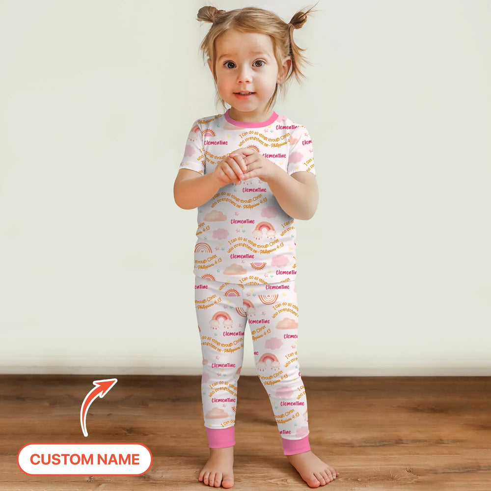 I Can Do All Things Through Christ Custom Name Two Piece Short Sleeve Pajama Set , I Can Do All Things Through Christ Custom Name Two Piece Short Sleeve Pajama Set - 12-18M
