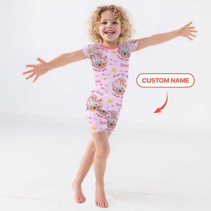 Noah’s Ark Custom Name Girl Two Piece Short Sleeve Shorts Pajama Set