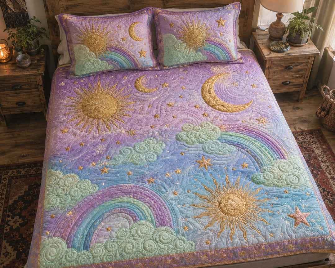 Pastel Cosmic Rainbow Bamboo Quilt Bedding Set