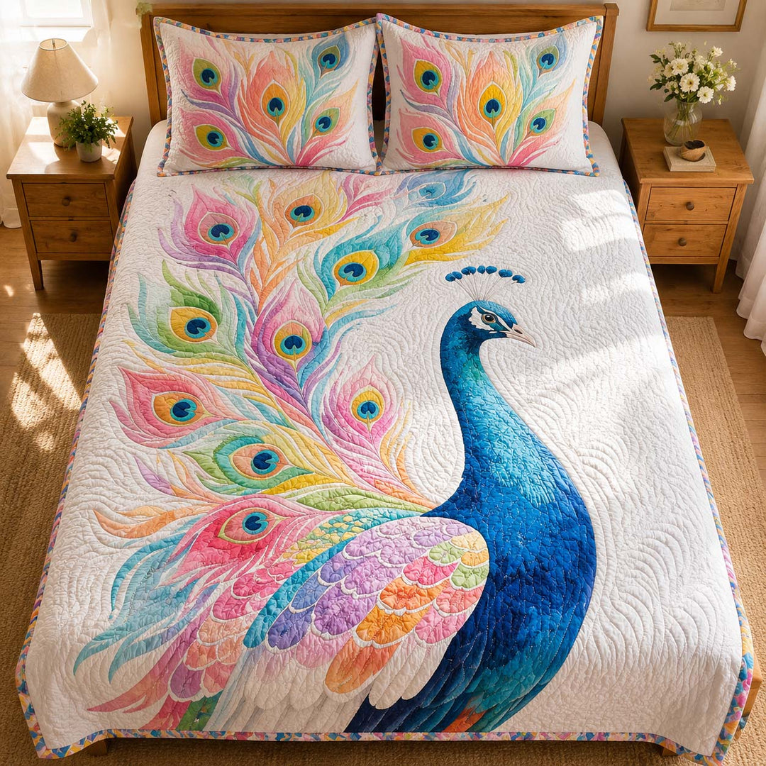 Pastel Rainbow Peacock Feathers Bamboo Quilt Bedding Set