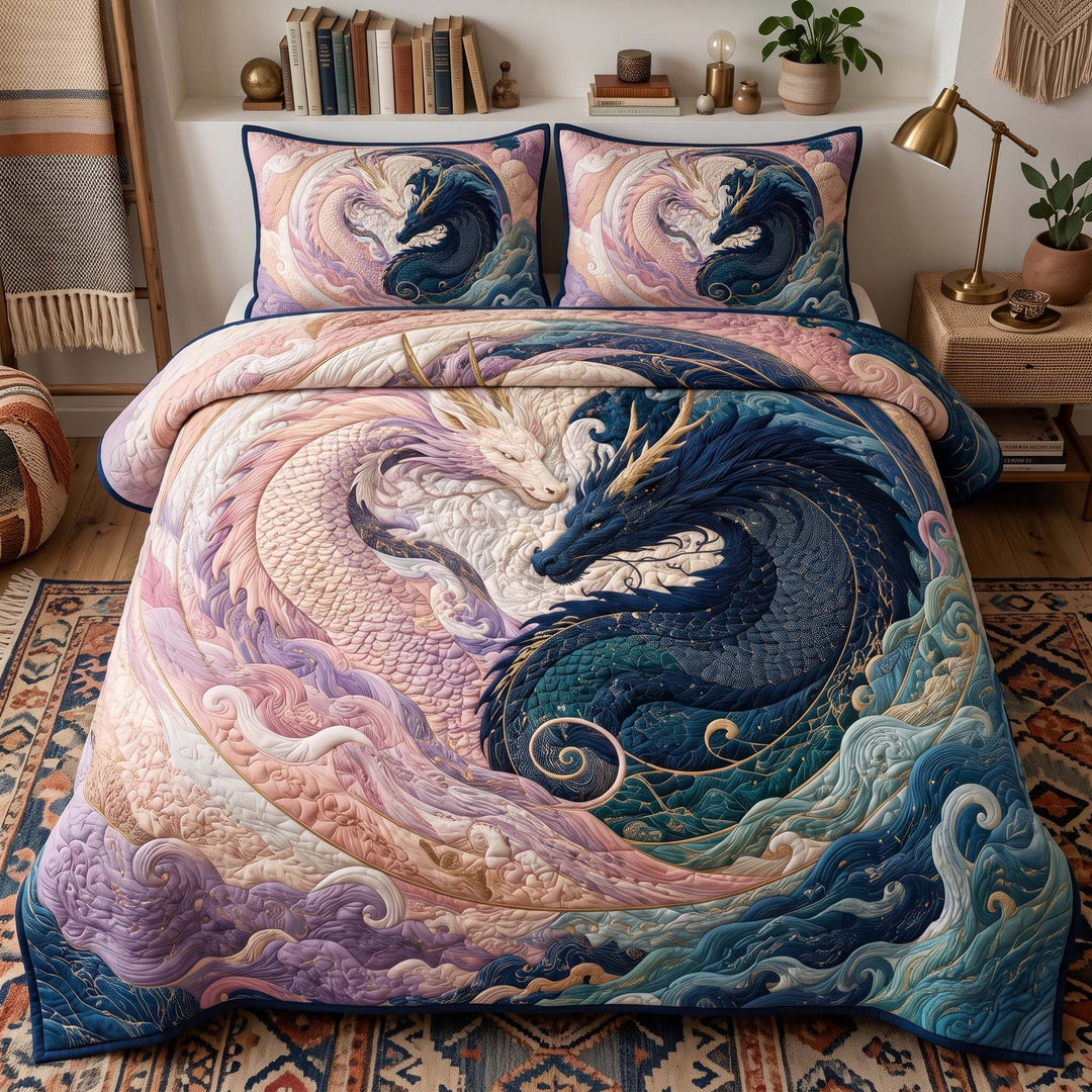 Pastel Yin Yang Dragons Bamboo Quilt Bedding Set