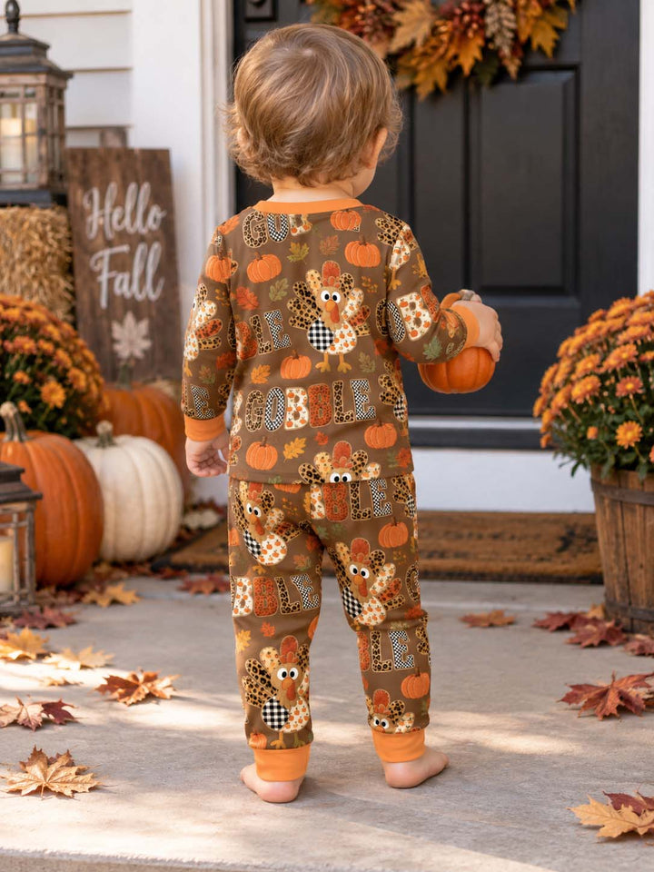 Patchwork Gobble Turkey Pumpkin Bamboo Two Piece Long Sleeve Pajama Set