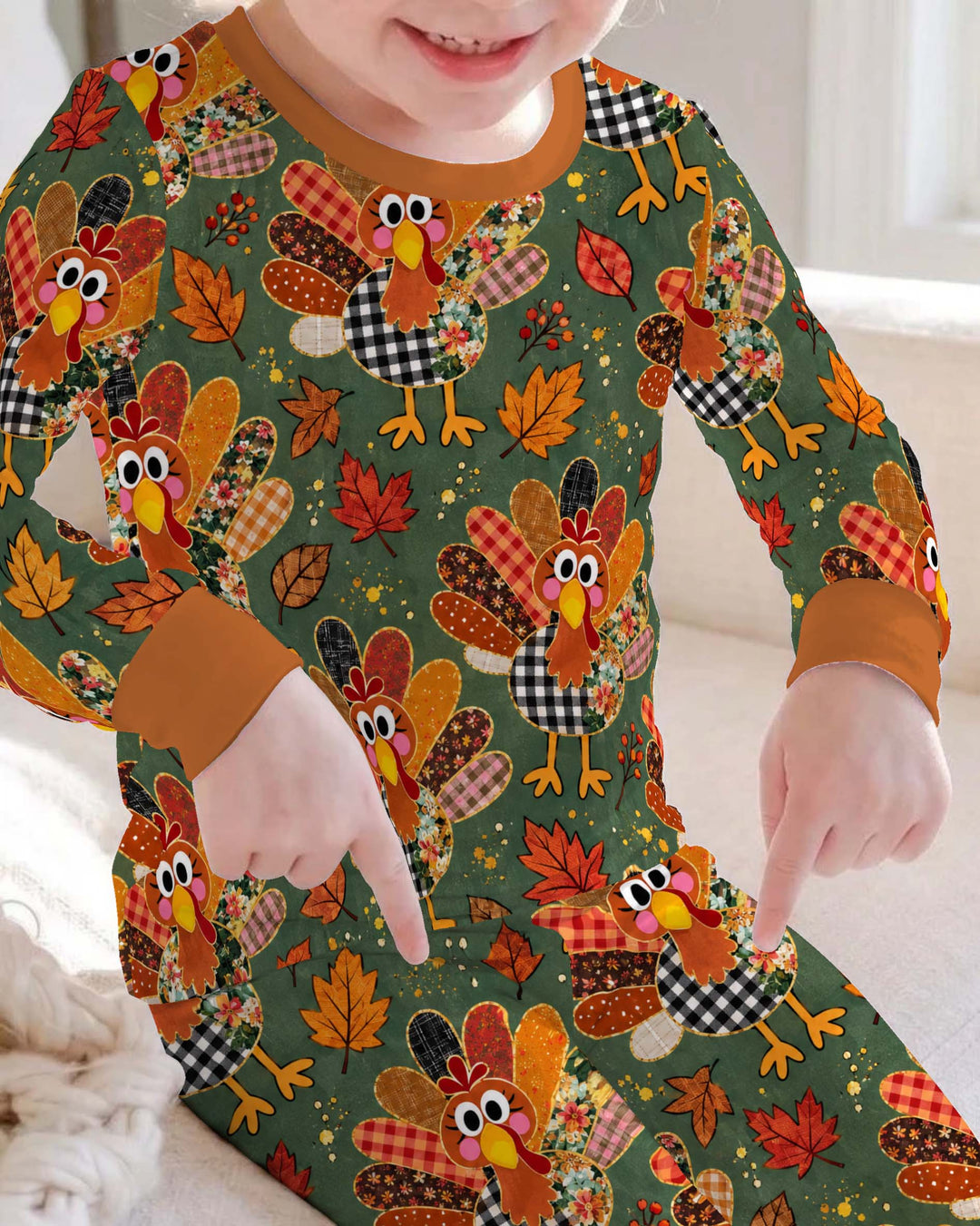 Patchwork Turkey Autumn Leaves Bamboo Two Piece Long Sleeve Pajama Set